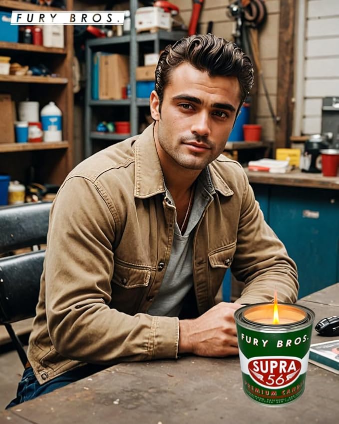 Fury Bros. Scented Candles for Men | Supra 56 | Sandalwood Patchouli Cedar | Natural Soy Wax | Hand-Poured in The USA | Long 70-80 Hour Burn (12.5 oz) | Vintage-Inspired Tin Design | Dad Home Gift - Bloomnest