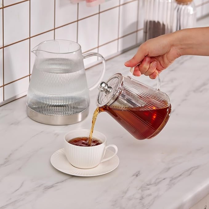 Karaca Keops XL Borosilicate Glass Teapot with Infuser and Lid for Stovetop, Transparent Silver, 1L Tea Pot & 2L Tea Kettle Set for Loose Leaf & Herbal, Dishwasher Safe - Bloomnest