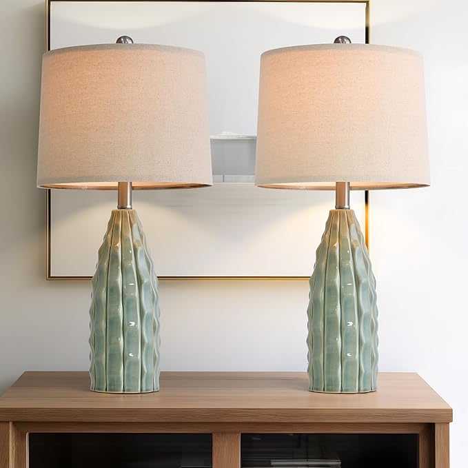 Ceramic Table Lamps Set of 2, 23.75" Modern Farmhouse Bedside Lamp - Green Nightstand Lamps for Bedroom, Boho Living Room End Tables, Small Office Desk Lamp Decor - Bloomnest