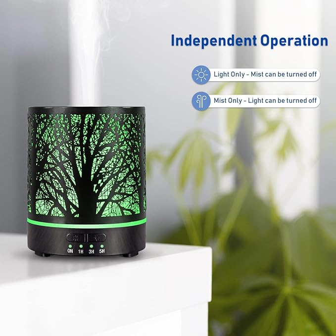 Essential Oil Diffuser Aromatherapy Diffuser -300ml Metal Electric Ultrasonic Oil Diffuser for Large Room with Auto Shut-Off Protection, 4 Timer Setting &7 Colors Night Light for Home (Tree-300ML) - Bloomnest