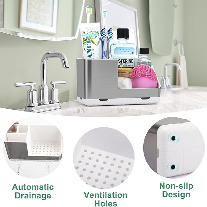 Toothbrush Holders for Bathroom Countertop Organizer, Brushed Nickel Tooth Brush Holder, Kids Electric Toothbrush and Toothpaste Holder with Drainage (Brushed Silver) - Bloomnest