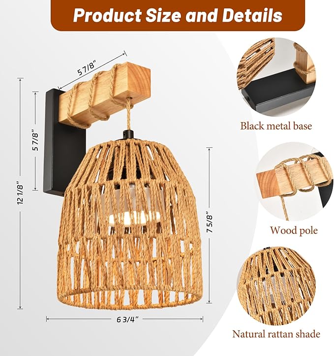 Battery Operated Wall Sconce Set of Two, Rattan Wall Sconces Battery Operated Set of 2, Boho Wall lights with Remote, Rechargeable Wall Sconce for Bedroom,Living Room, Entryway 15 Colors Dimmable - Bloomnest