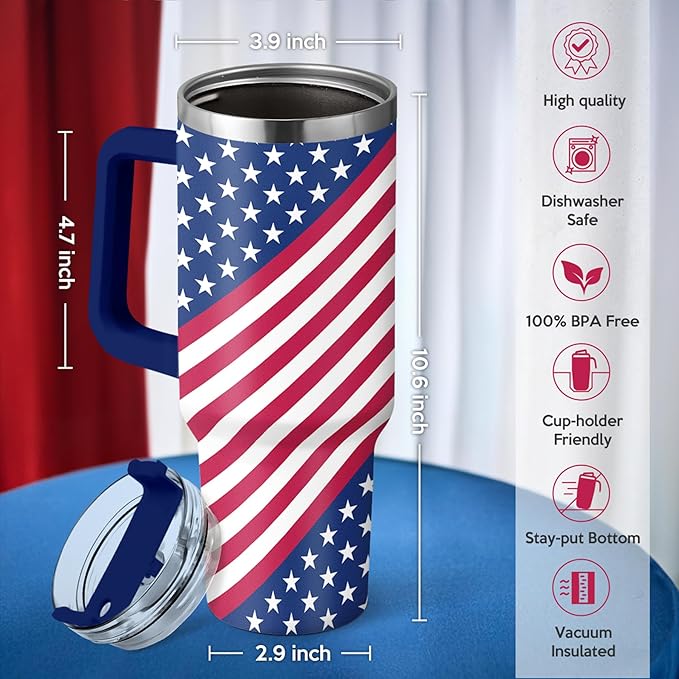 SANDJEST American Flag Tumbler with Handle, America Engraved 40oz Stainless Steel Insulated Coffee Mug with Lid & Straw, America Gifts for Men Women, USA Tumblers Cup Gift for Christmas - Bloomnest