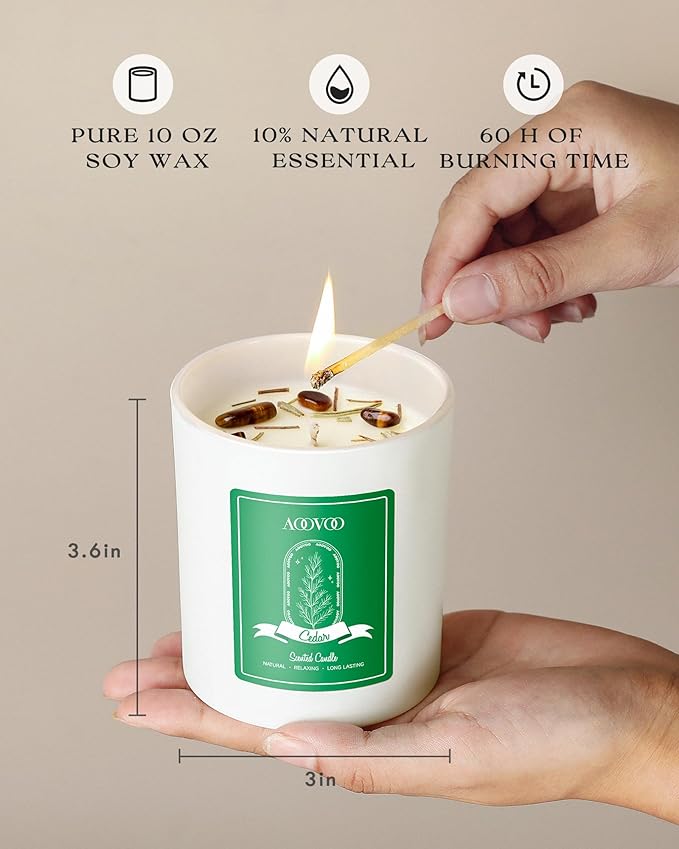 AOOVOO Cedar Scented Candles for Women - Aromatherapy Candle with Crystals Inside, 10oz Soy Candles for Home Scented, Birthday Gifts Christmas Candle for Women Mom - Bloomnest