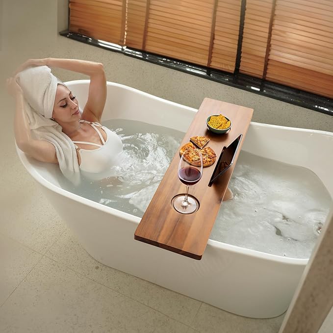 Tinamo Acacia Bathtub Caddy Tray Table | 35x9 Inch Large Bath Tub Tray Wooden | Anti-Tipping, Sustainable Tub Tray for Bathtub | Bathtub Accessories Holders for Bathtub (Acacia, 35x9) - Bloomnest