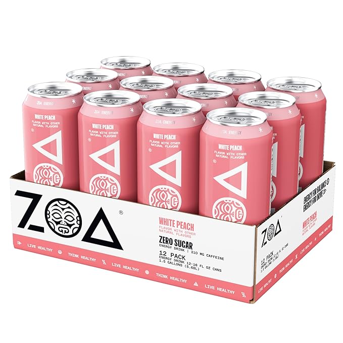 ZOA Zero Sugar Energy Drinks, White Peach - Sugar Free with Electrolytes, Healthy Vitamin C, Amino Acids, Essential B-Vitamins, and Caffeine from Green Tea - 16 Fl Oz (12-Pack) - Bloomnest