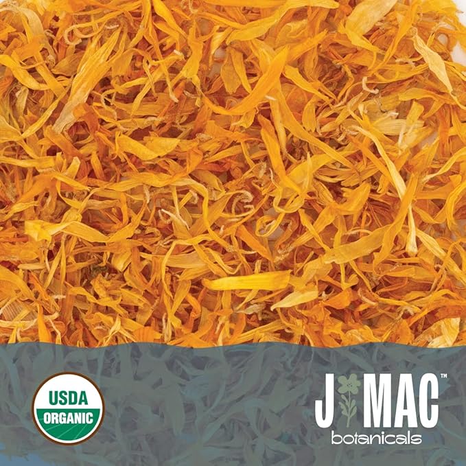 J Mac Botanicals, Organic Calendula Petals (4 oz) edible dried flowers, pairs well with rose petal for ice cubes, cooking, beverages, and bath bombs - Bloomnest
