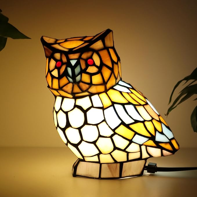 Tiffany Owl Lamp Yellow and White Stained Glass Animal Table Lamp Accent Lamp - Bloomnest