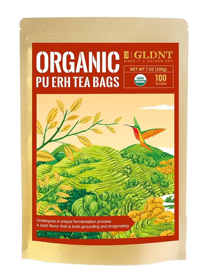 GLDNT Organic Pu-erh Tea Bags, Fermented Yunnan Dark Tea, Bold & Mellow Flavor, Caffeinated, 100 Count - Bloomnest