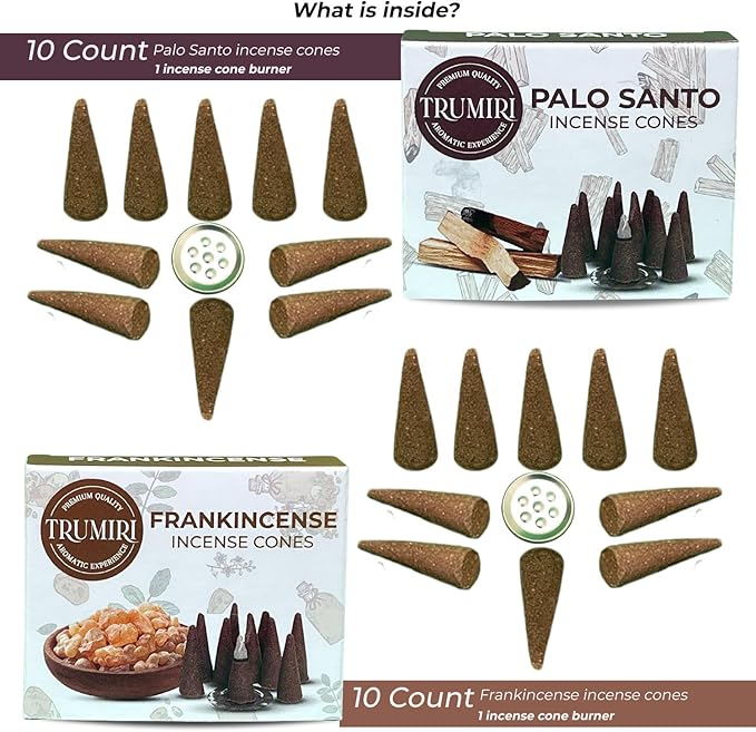 TRUMIRI Incense Cones - Combo Pack of 20 Cone Incense - 10 Frankincense + 10 Palo Santo - Insence Cones - Incense Cones Scented - Cone Incense Scents - Insense Cones - Incent Cone TRUMIRI