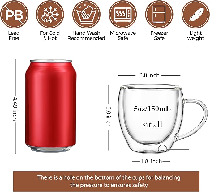 CNGLASS 5oz Espresso Mugs (Set of 4),Double Wall Insulated Glass Coffee Mugs with Handle,Espresso Shot Glasses,Clear Expresso Coffee Cups… - Bloomnest