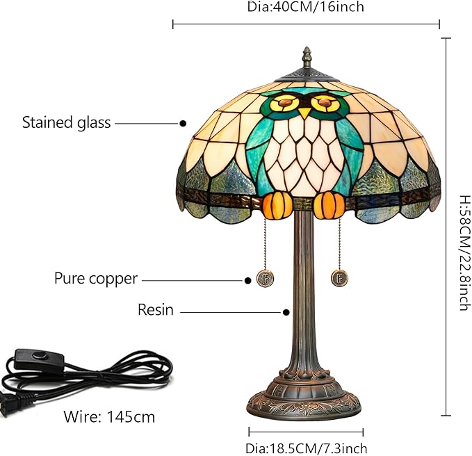 Tiffany Table Lamp Owl Animal Design Stained Glass Lamp 16 inch Handmade Large Desk Light Antique Beside Reading Lamp for Home Living Room Bedroom Office - Bloomnest