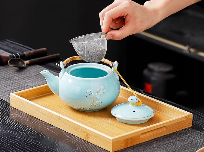 Japanese Tea Set with 1 Teapot(23 oz/660ml), 6 Tea cups(5.3 oz/150ml), 1 Tea Tray, 1 Stainless Infuser, Golden plum blossom relief,Chinese gungFu tea set (Golden plum-Blue) - Bloomnest