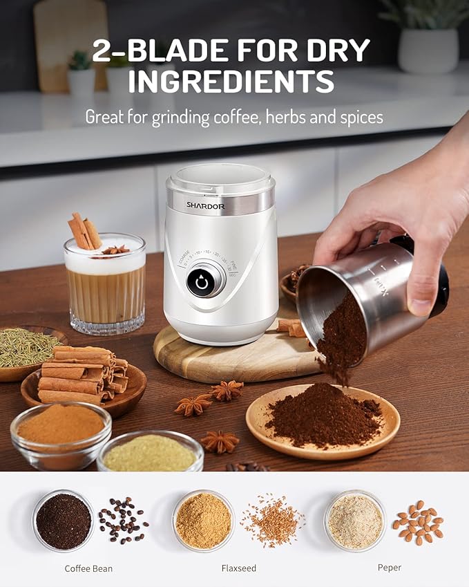 SHARDOR Electric Super Silent Blade Coffee Grinder, Timed Grind Control Rotary Knob, Adjustable Coarse to Fine for Coffee Beans, Spices & Herbs, with 2 Removable Stainless Steel Bowl, White - Bloomnest