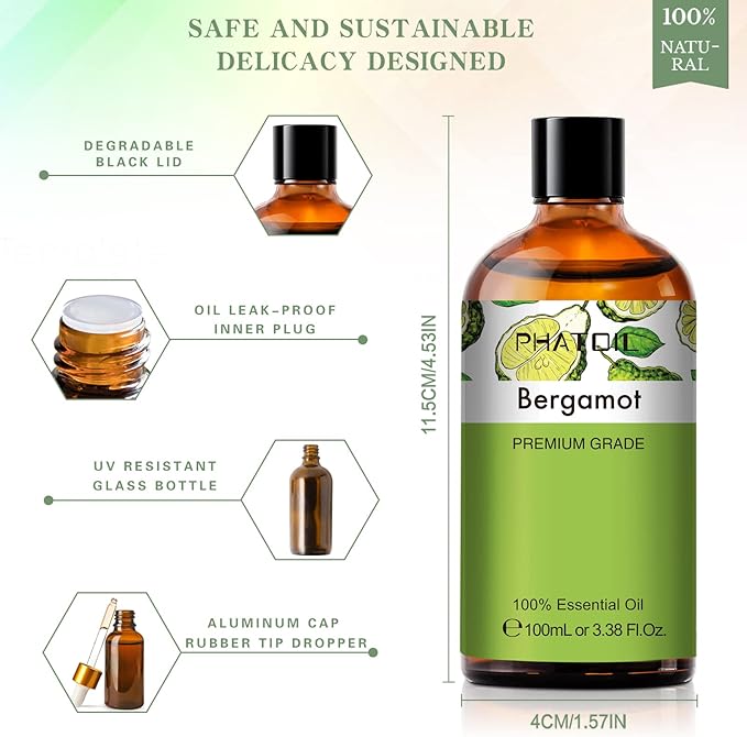 PHATOIL 3.38FL.OZ Bergamot Essential Oil, for Aromatherapy Diffusers, Humidifiers, Great for DIY Candle and Soap Making, Huge 100ML Bottle - Bloomnest