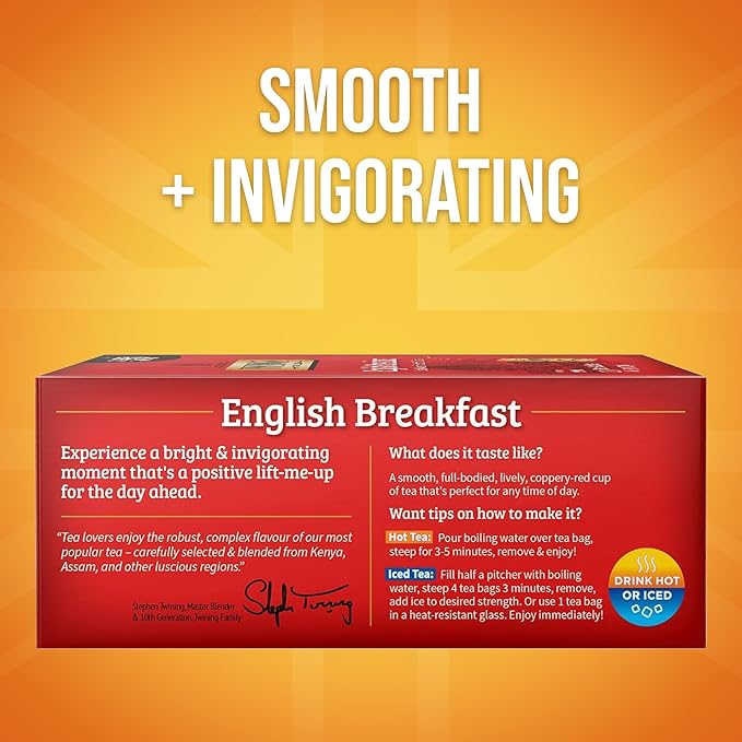 Twinings English Breakfast Black Tea Individually Wrapped Bags, 100 Count (Pack of 1), Smooth, Flavourful, and Robust, Caffeinated, Enjoy Hot or Iced, 100 Teabags - Bloomnest