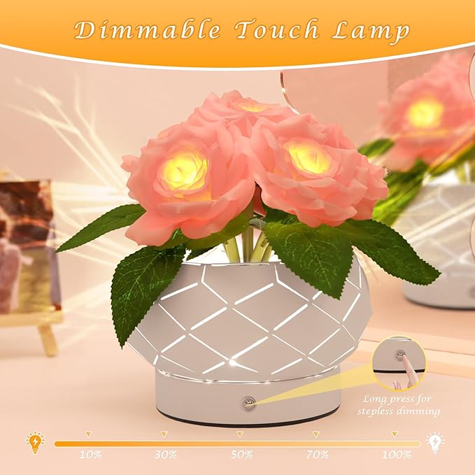 Roses Flower Touch Lamp,Rechargeable Cordless 3-Colour Dimming Small Night Light for Festival,Dining Room,Bedroom Home Decor Birthday Gifts-6 Rose - Bloomnest