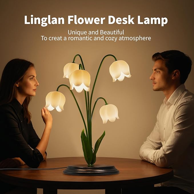 Lily of The Valley Table Lamp with Remote - 17.7 H x 13 W x 13 D, 5 Blossom Dimmable Night Light, Wood Base & Gift Box, Elegant Bedroom Decor for Women/Mom