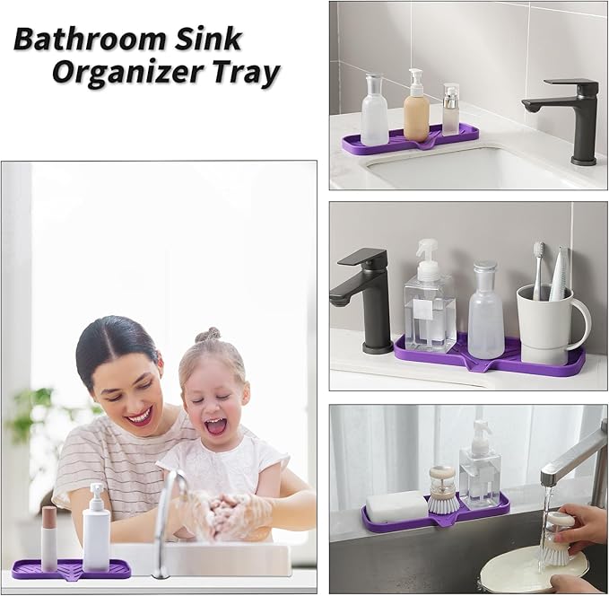 Silicone Bathroom Soap Dishes with Drain Spout-Bathroom and Kitchen Sink Organizer,Sponge Holder,Dish Soap Tray,Perfect for Dispenser,Scrubber,Bottle,Cup on Sink or Counter-Purple 12"×4" - Bloomnest