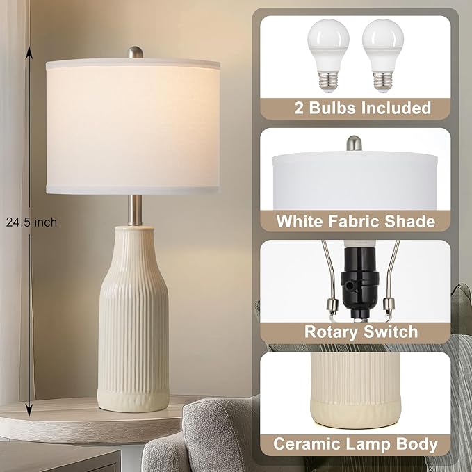 24.5" Ceramic Table Lamps Set of 2, Modern Farmhouse Bedside Lamps for Bedroom Nightstand, Small Table Lamp for Living Room End Table, Beige (2 LED Bulbs Included) - Bloomnest