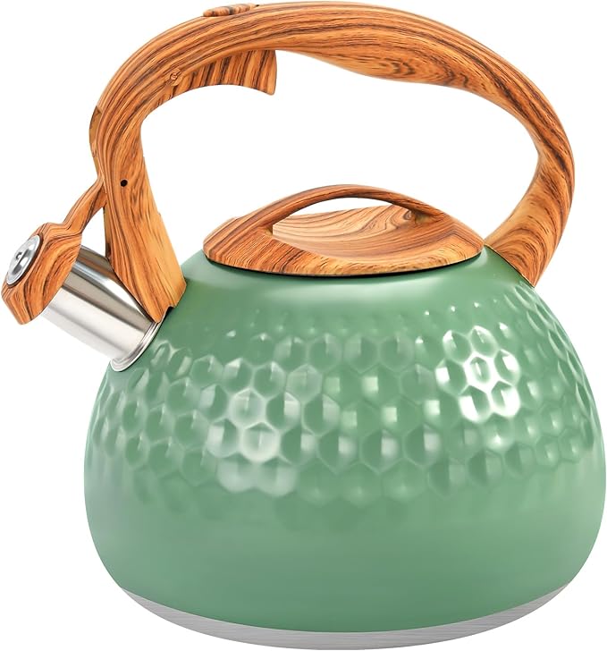 GGC Tea Kettle for Stove Top, Loud Whistling Kettle for Boiling Water Coffee or Milk, 3.1 Quart 3L Heavy Stainless Steel Green Tea Pot with Wood Pattern Handle, Unique Button Control Outlet - Bloomnest