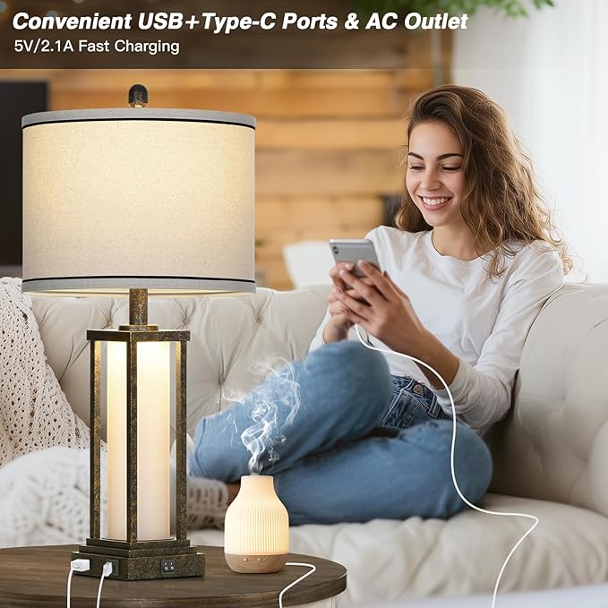 27in Tall Farmhouse Table Lamp Set of 2 with USB C+A & Outlet,Bronze Industrial End Table Lamp for Living Room,Vintage Rustic Bedside Lamps with Night Light for Bedroom Nightstand,Bronze - Bloomnest