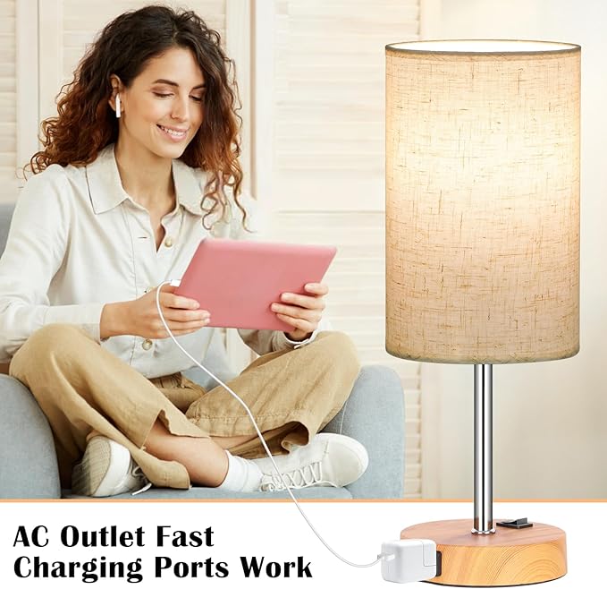 ZJOJO Table Lamp for Bedroom Set of 2, Bedside Small Lamps with 3 Way Dimmable Rocker Switch & AC Outlet, Nightstand Desk Lamp with Flaxen Fabric Shade Woodgrain Base for Living Room Home Decor Lights - Bloomnest