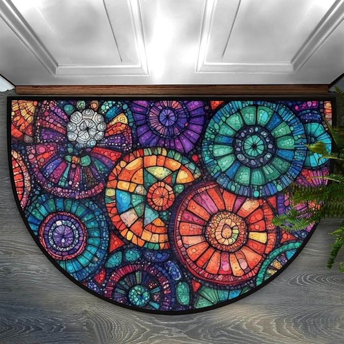 Half Round Door Mat, Colorful Circle Flower Mandalas Half Circle Rug for Home Decor Floor Indoor Outdoor Non-Slip Washable Half Moon Rug Doormat 36X24 Inch - Bloomnest