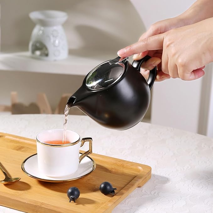 Small Ceramic Teapot With Stainless Steel Infuser, Heat Resistant, Perfect Tea Maker, Black, 350ml/12.0oz
