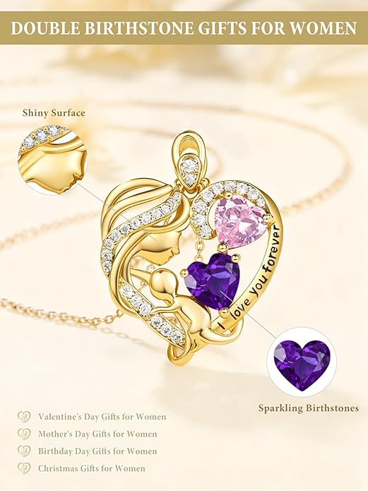 14K Gold Double Birthstone Heart Necklace for Women Mom, Mother Son/Daughter Pendant Necklace for Christmas Mother's Day Birthday Gifts for Wife Daughter Grandmom - Bloomnest