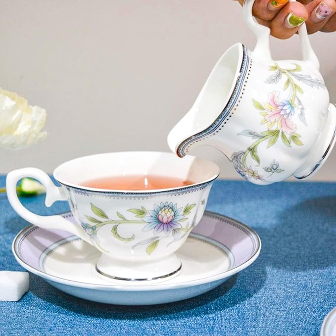 Bone China Tea Set, 21-Pieces Porcelain Tea Set for Adults, Tea Cups And Saucers for 6, with Teapot, Spoons, Sugar Bowl, Creamer Pitcher, Vintage Tea Set for Women Tea Party (Purple) - Bloomnest