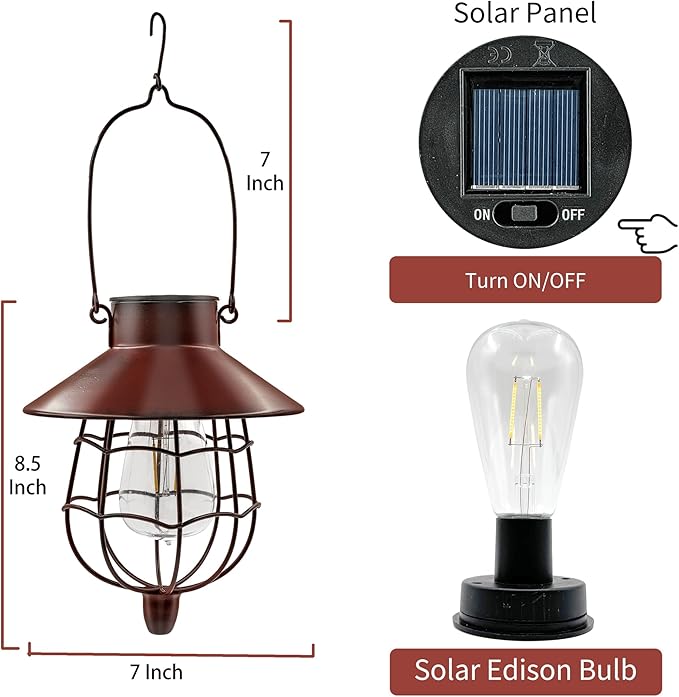 2 Pack Solar Lanterns Outdoor Waterproof Hanging Solar Lights with Vintage Metal Warm White Light Edison Bulb Design, Decorate for Garden Yard Porch and Christmas (Red) - Bloomnest