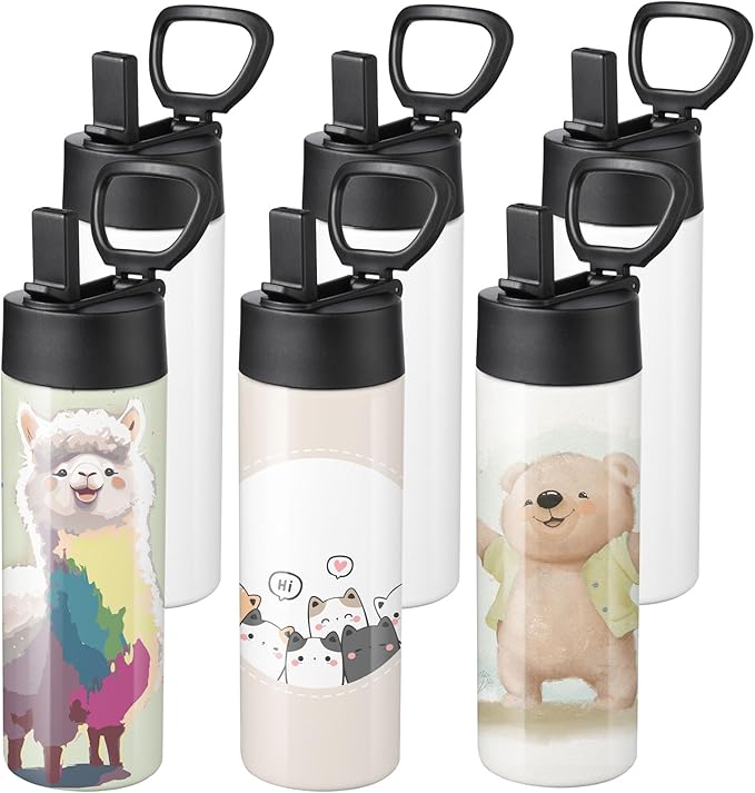 OFFNOVA 16oz Kid Sublimation Water Bottle Blanks with Straw, 6 Pack Sublimation Tumblers Bulk Stainless Steel Sports Bottles for Tumbler Heat Press Sublimation Printing - Bloomnest