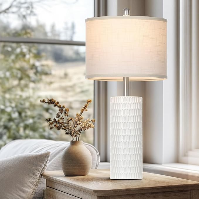 27" Ceramic Table Lamp, Farmhouse Table Lamp for Living Room, White Lamp for Bedroom, Night Stand, Modern Bedside Lamp Set of 2, End Table Lamps, White(2 Bulbs Included) - Bloomnest