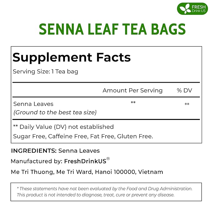FreshDrinkUS, Premium 135 Senna Leaf Tea Bags for Constipation, Supports Your Cardiovascular System, 100% Natural & Pure. Loose Leaf Senna Herbal Tea, Made with Natural Material Tea Bags. Non GMO, No Sugar/ Caffeine/ Gluten, Vegan. - Bloomnest