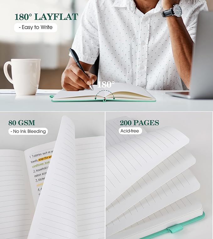 Lined Journal Notebook for Women, A5 Green Hardcover Leather Journals for Writing, 200 Pages Travel Daily Journal,Thick College Ruled Notebook for Work School, Note Taking, Business 5.75'' X 8.38'' - Bloomnest