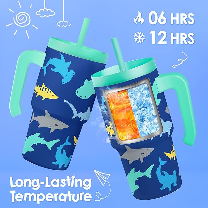 Shark Tumbler 20oz with Handle and Silicone Straw Lid for Kid, Insulated Stainless Steel Cup, Gift for Kids Boys, Gifts Idea for Birthday Christmas Back to School - Bloomnest