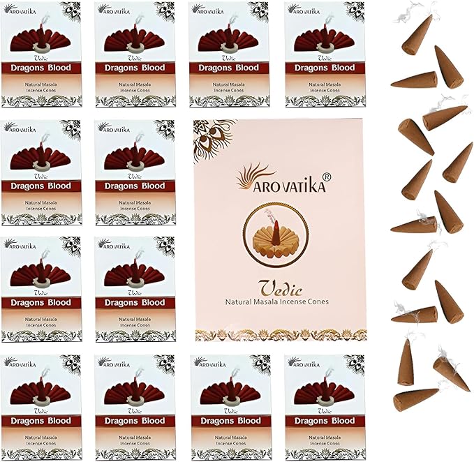 ARO VATIKA Vedic Dragons Blood Natural Masala 120 Incense Cones in Pack of 12 Boxes |12 Assorted Fragrances Dhoop Cones | Best for Prayer, Reiki, Meditation and Relaxation | Burn time- 25 Mins AROVATIKA