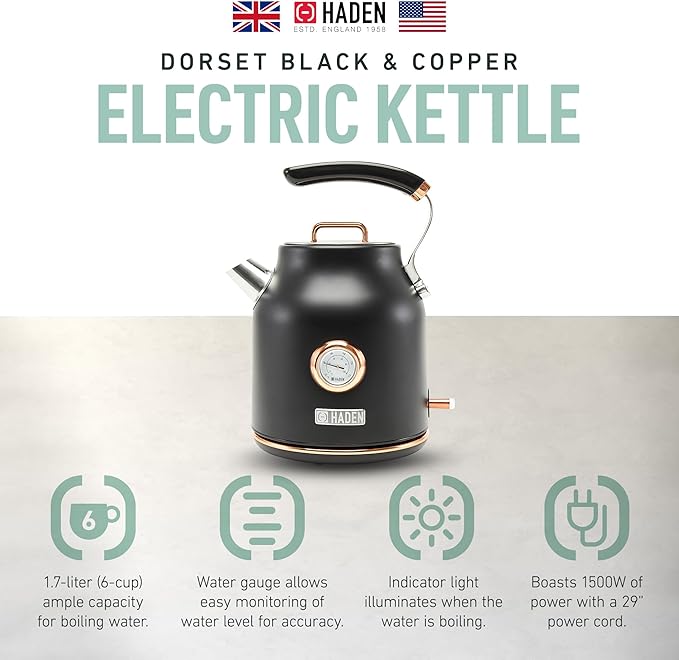 Haden Dorset 1.7 Liter Stainless Steel Electric Kettle, Hot Water Kettle with 360-Degree Base and Auto Shutoff, Black & Copper - Bloomnest