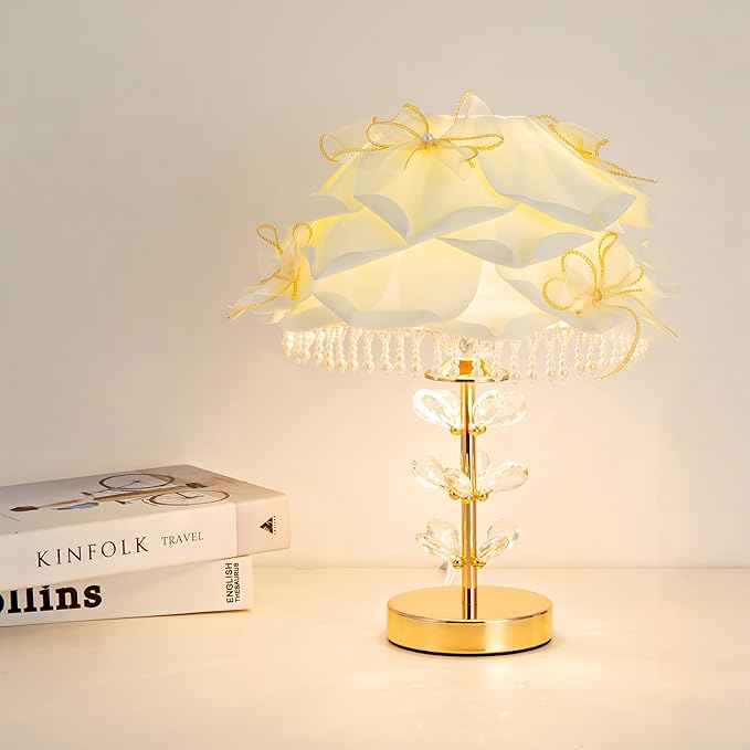 Cute White Table Lamp Girls Bedroom Modern Bow Desk Lamp Crystal Princess Bedside Light for Living Room Wedding Deco Study Room Entry Office - Bloomnest