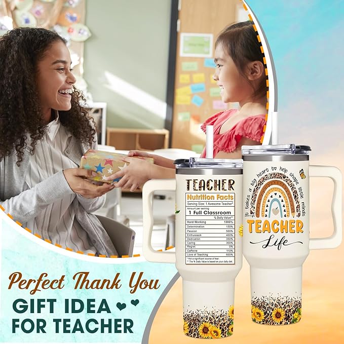 Teacher Appreciation Sunflower Tumbler 40Oz With Handle - Christmas and Graduation Gifts for Women, Thank You From Students - Bloomnest