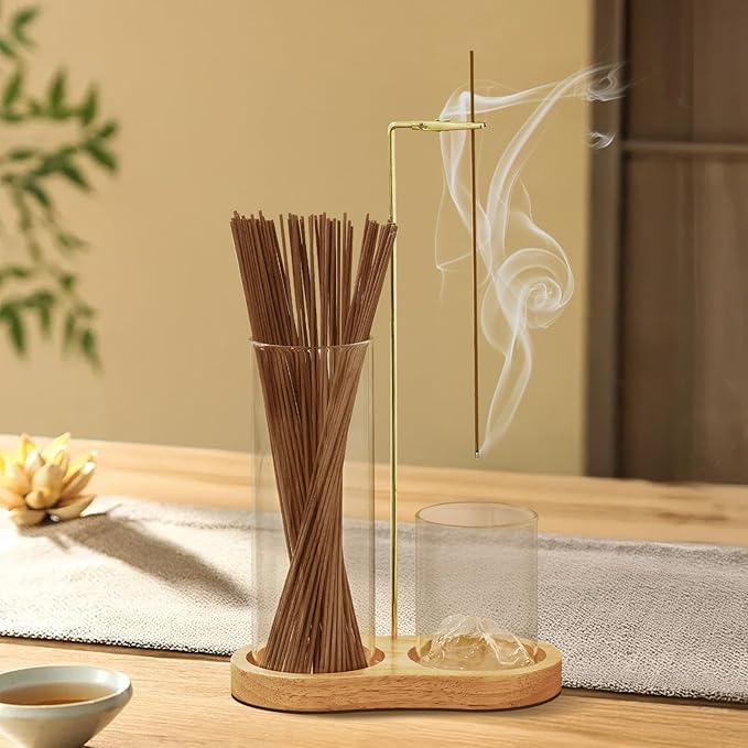 2-in-1 Glass Incense Holder for Sticks, Wooden Incense Burner with Ash Catcher & Incense Storage, Anti-Ash Flying Incense Stick Holder for Meditation, Yoga, Spa, and Home Decor(Natural Wood) - Bloomnest