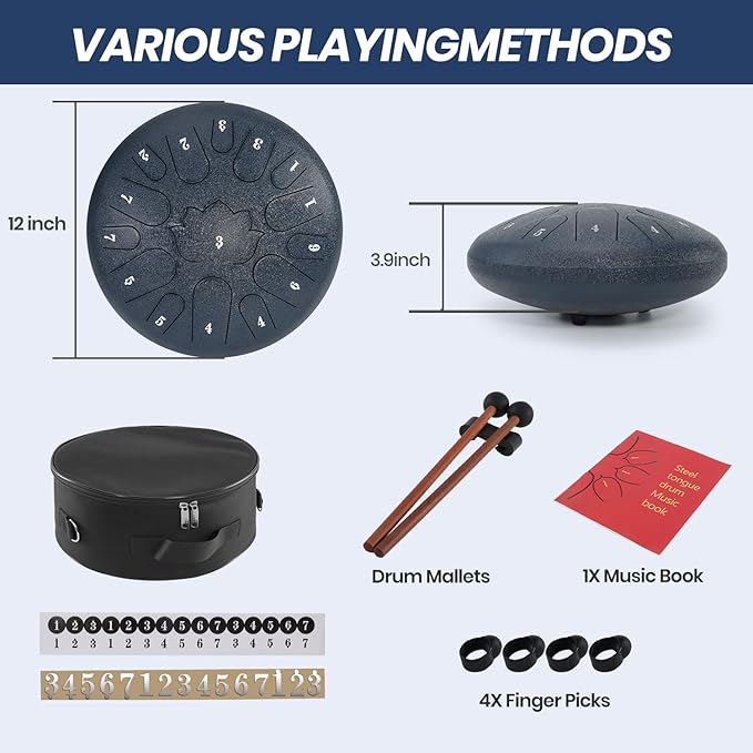 Steel Tongue Drum, 12 Inches 15 Notes Hand Pan Drum, Rain Drums, with Music Book, Handpan Drum Mallet, and Carry Bag (Navy Blue, 12 Inch)