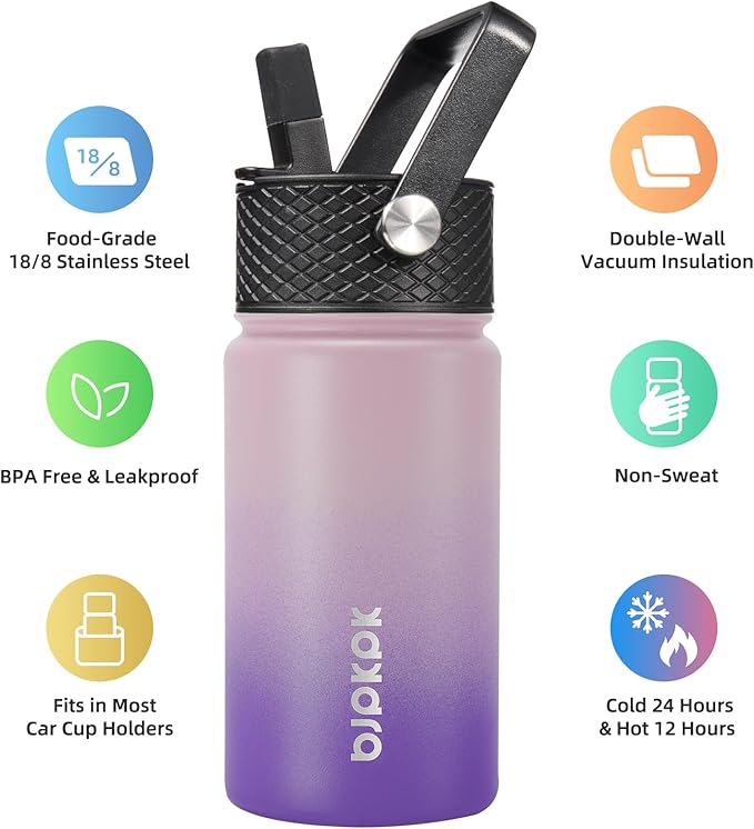 BJPKPK Water Bottle with Straw Lid, 15 oz Insulated Water Bottle, Stainless Steel Metal Water Bottles, Reusable Leak Proof BPA Free Thermo, Flask, Cups,Violet - Bloomnest