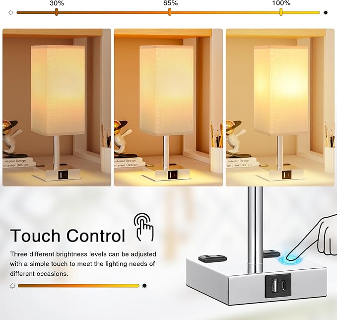 Touch Bedside Table Lamp for Nightstand - 3-Way Dimmable Night Lamp with USB A + Type C Charging Ports and Two AC Outlets, Small Desk Light with E26 LED Bulb for Bedroom Living Room Dorm Office - Bloomnest