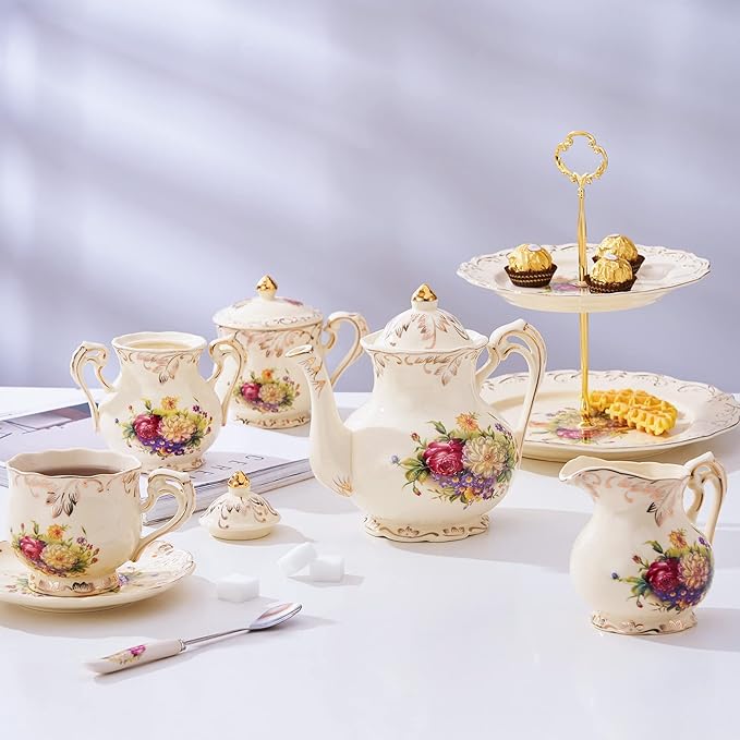 YOLIFE Flowering Shrubs Teapot, 25 oz/ 3 Cup Vintage Ivory Ceramic Tea Pot, Ivory Floral Teapot with Gold Trim - Bloomnest