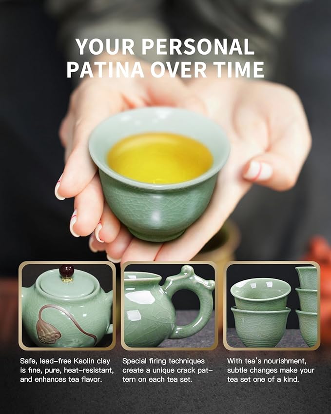 Traditional Chinese Tea Sets for Adults, Gongfu Teapot and Cups with Green Crackle Glaze, Lead-Free Ge Yao Porcelain Tea Set for Tea Party Ceremony Zen Meditation with Portable Gift Box - Bloomnest