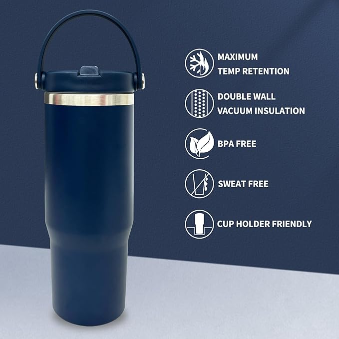 30 oz Tumbler with Top Handle, Double Wall Vacuum Insulated Tumbler with Flip Straw, Travel Coffee Mug 30oz Powder Coated Cup for Laser Engraving (Navy,1 pack) - Bloomnest