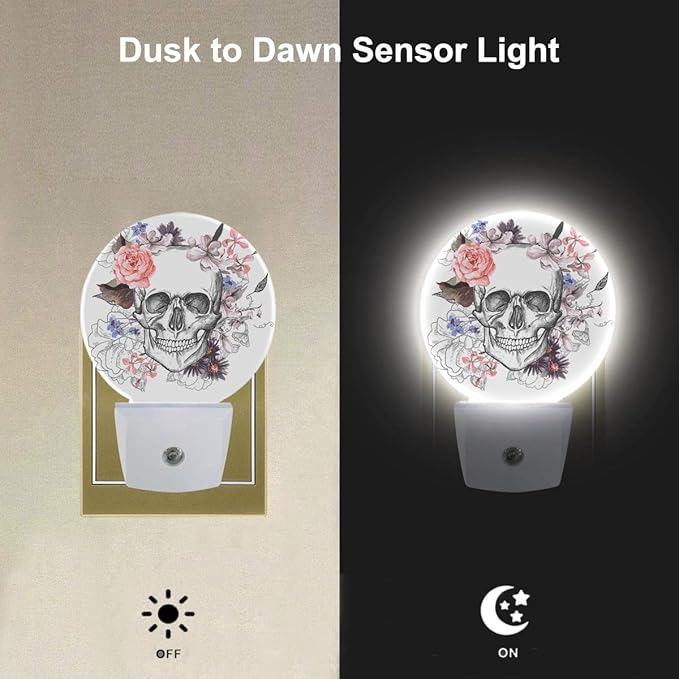 EKOBLA Skull Floral Decorative Night Light Goth Spooky Sugar Skull Skeleton with Pink Flower Rose Plug-in Nightlights Auto on/Off Bedroom Bathroom Decor for Men Women Boys Girls - Bloomnest