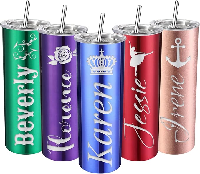 Personalized Tumbler - Laser Engraved with Name Logo,20oz Custom Stainless Steel Skinny Tumbler Personalized Cups with Lids and Straws | 19 Colors & 16 Designs Text Gifts for Women Men - Bloomnest